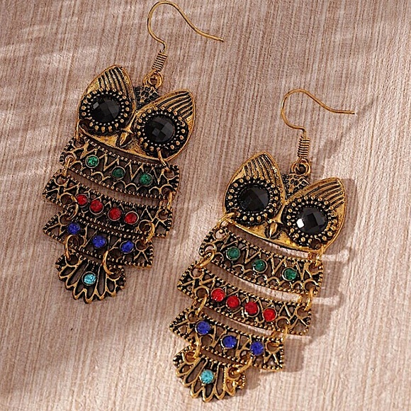 2 FOR $20 Vintage Gold Multicolor Rhinestone Owl Earrings - Picture 5 of 7